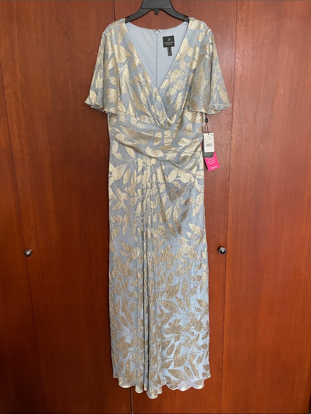 Adrianna Papell Blue & Gold Foil Leaf Draped Gown